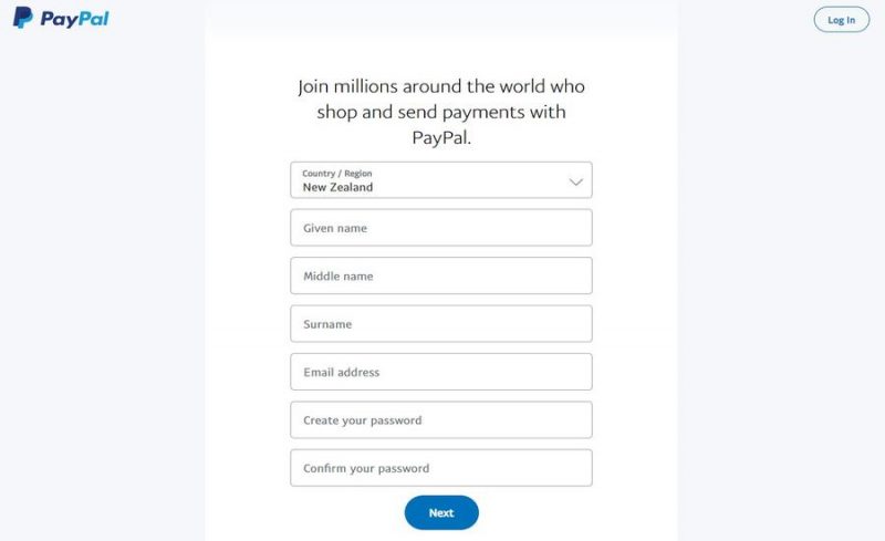 Screenshot of the PayPal registration page.