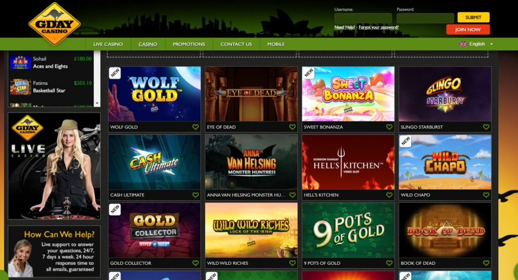 Screenshot of the casino game page at Gday casino.