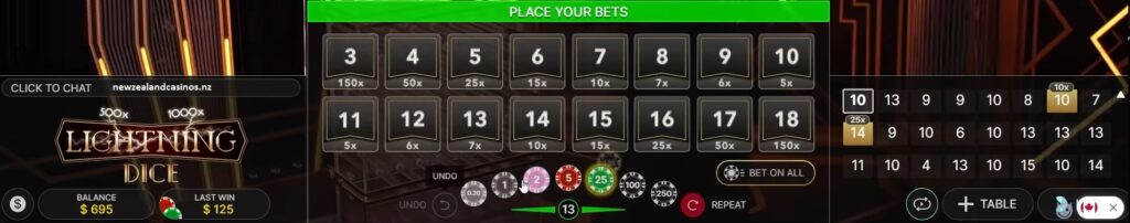 betting grid at  Lighting Dice live casino game