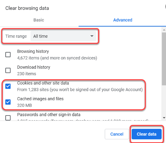 Clear cache and cookies