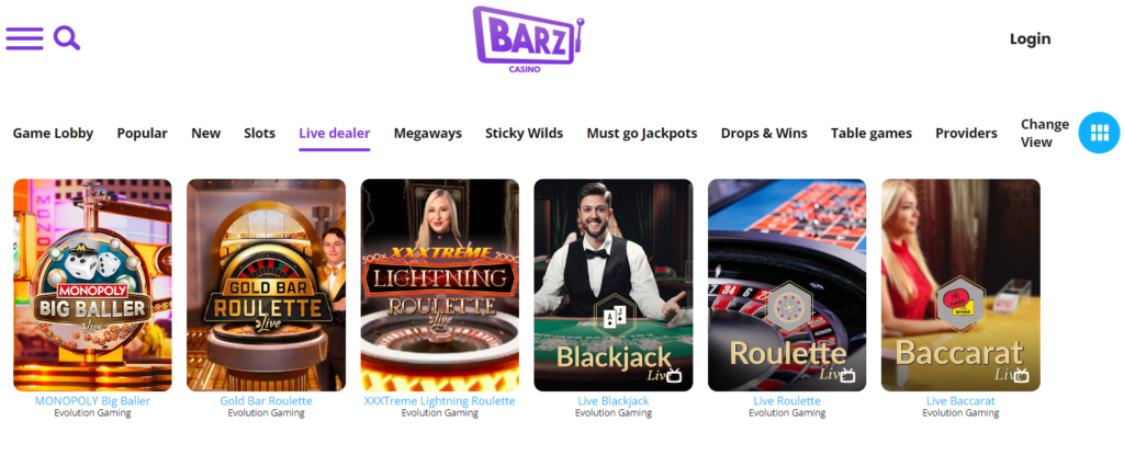 Live casino games at Barz