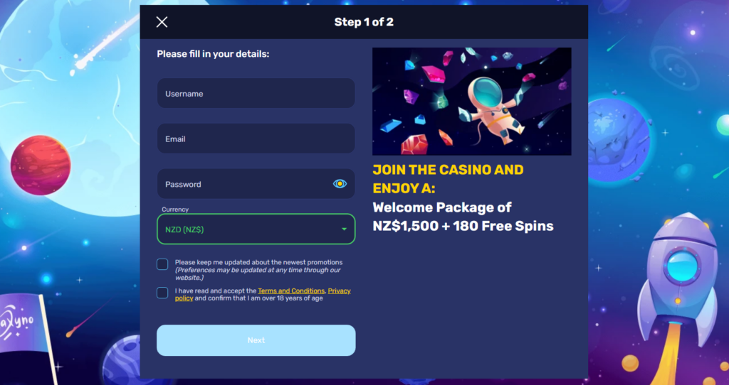 Example: NZD selected currency at Galaxyno casino